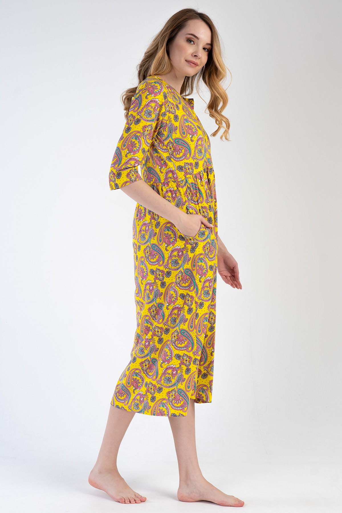 Woman Modal Yellow Short Sleeve Dress Woman Modal Yellow Short Sleeve Dress