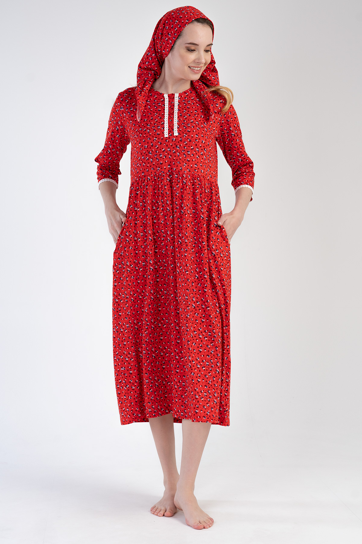 Woman Modal Red Poor Sleeve Pocket Detail Dress Woman Modal Red Poor Sleeve Pocket Detail Dress