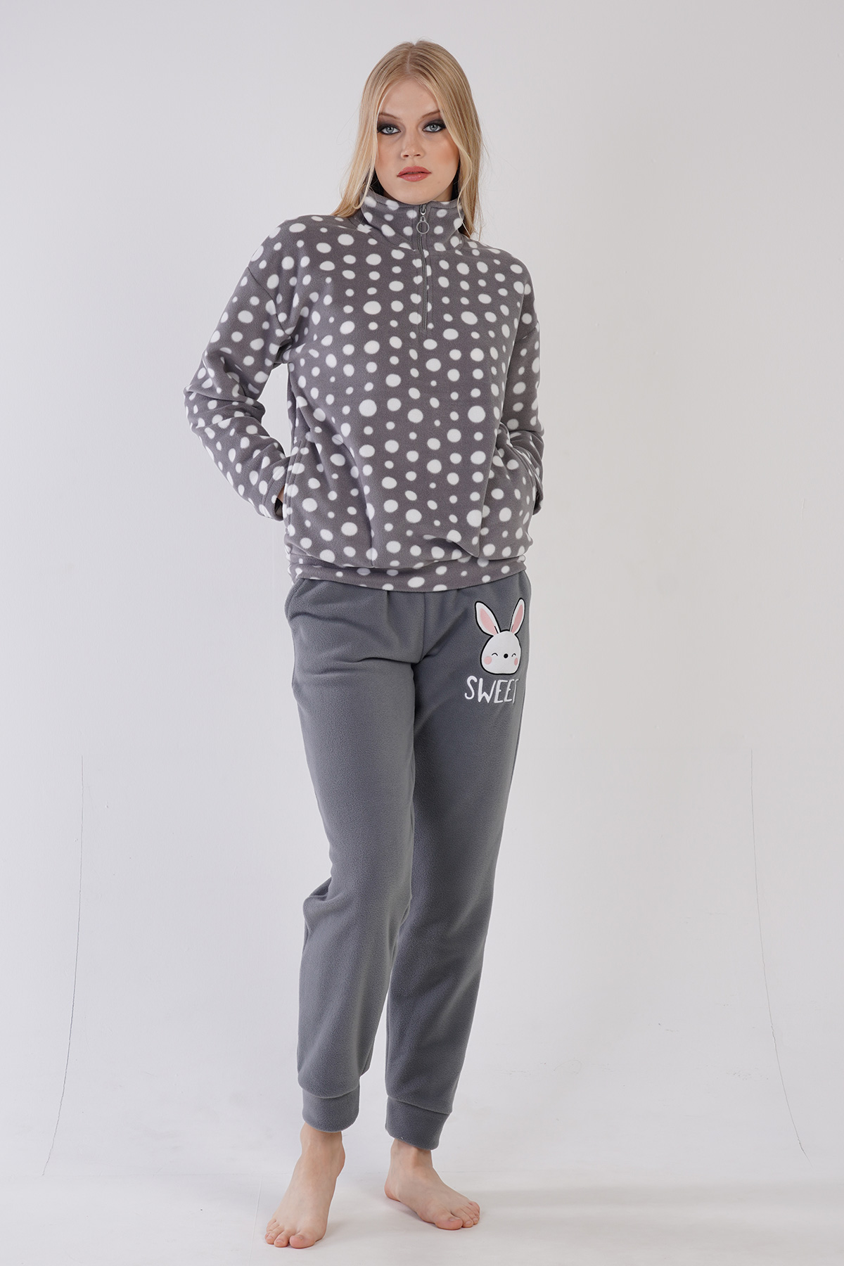 Woman Fleece Gray Sweet Pyjama Set Woman Fleece Gray Sweet Pyjama Set
