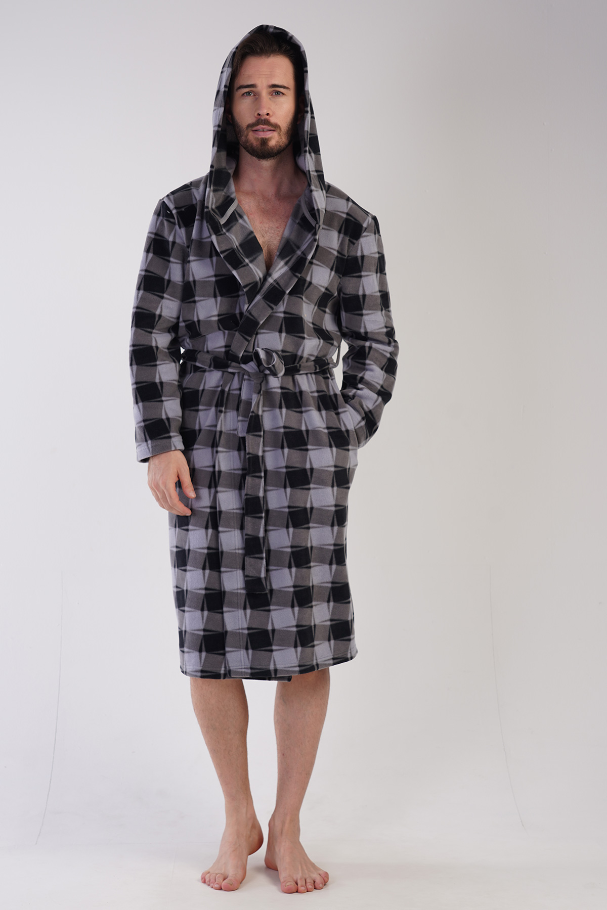Man Fleece Gray Plaid Dressing Gown Man Fleece Gray Plaid Dressing Gown