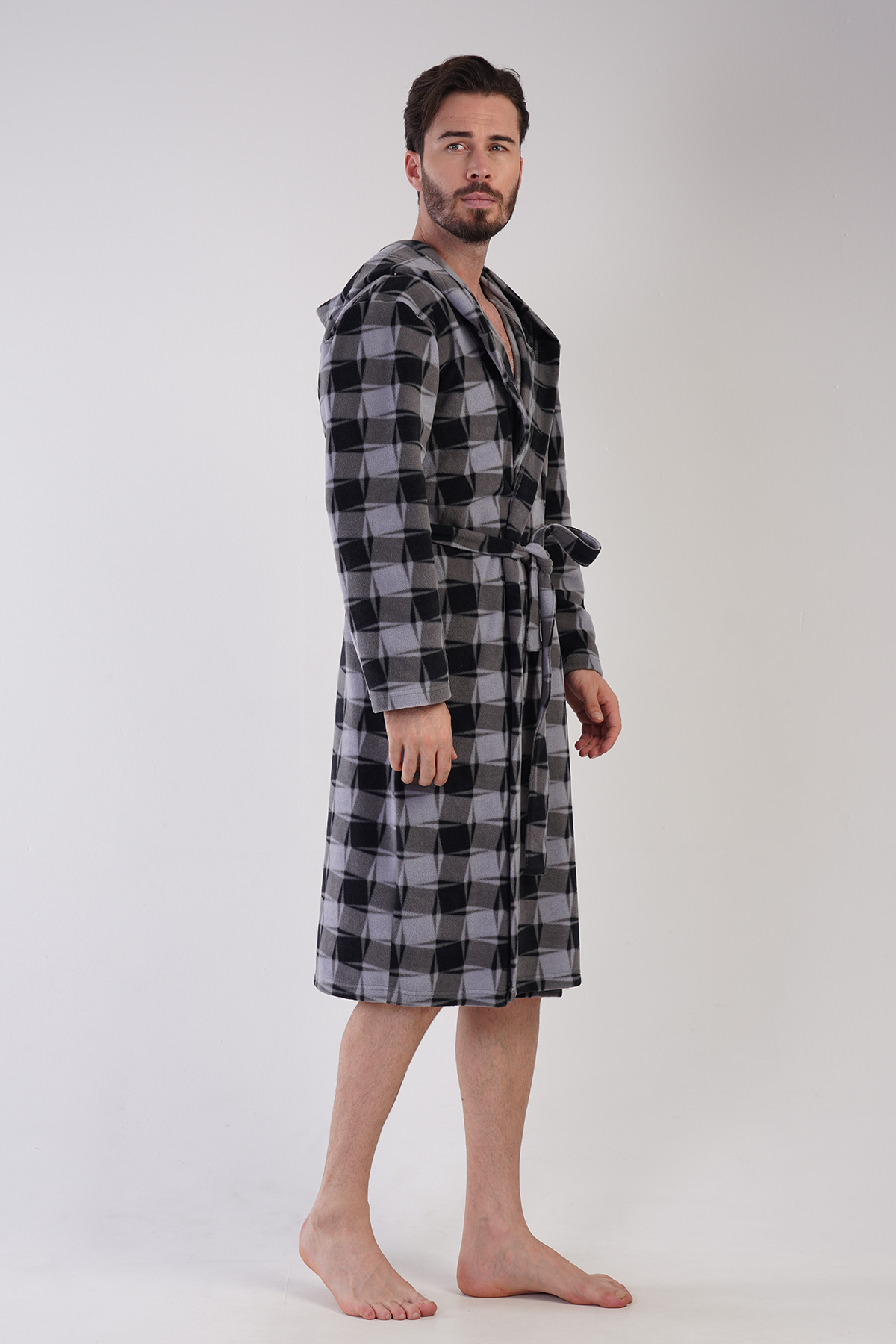 Man Fleece Gray Plaid Dressing Gown Man Fleece Gray Plaid Dressing Gown