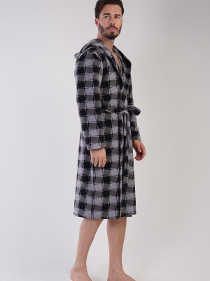 Man Fleece Gray Plaid Dressing Gown Man Fleece Gray Plaid Dressing Gown