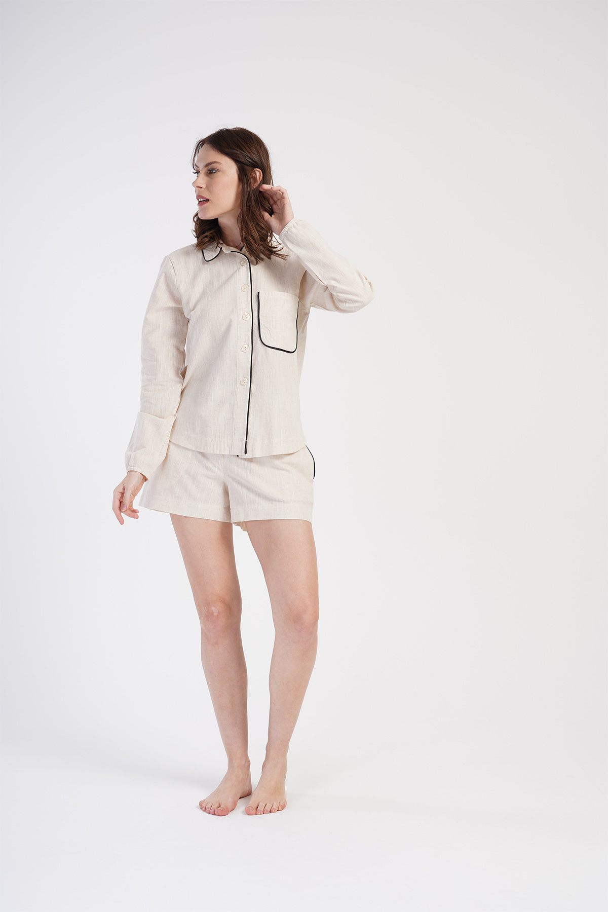 Woman Linen Shirt Collar Short Set Woman Linen Shirt Collar Short Set