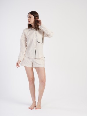 Woman Linen Shirt Collar Short Set Woman Linen Shirt Collar Short Set