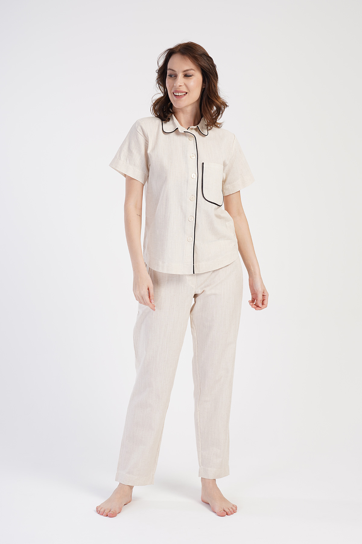 Woman Linen Shirt Collar Pyjama Set Woman Linen Shirt Collar Pyjama Set