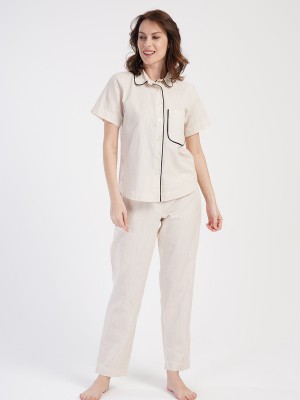 Woman Linen Shirt Collar Pyjama Set Woman Linen Shirt Collar Pyjama Set