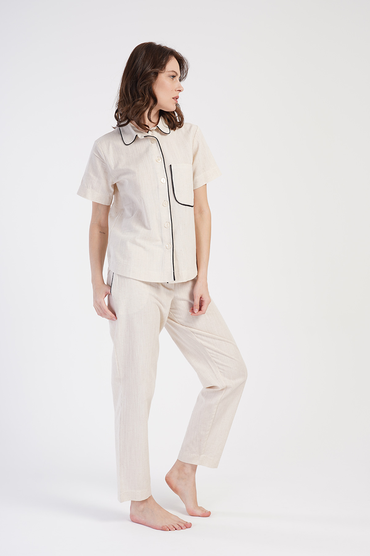 Woman Linen Shirt Collar Pyjama Set Woman Linen Shirt Collar Pyjama Set