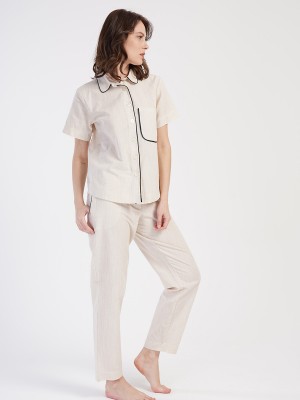 Woman Linen Shirt Collar Pyjama Set Woman Linen Shirt Collar Pyjama Set