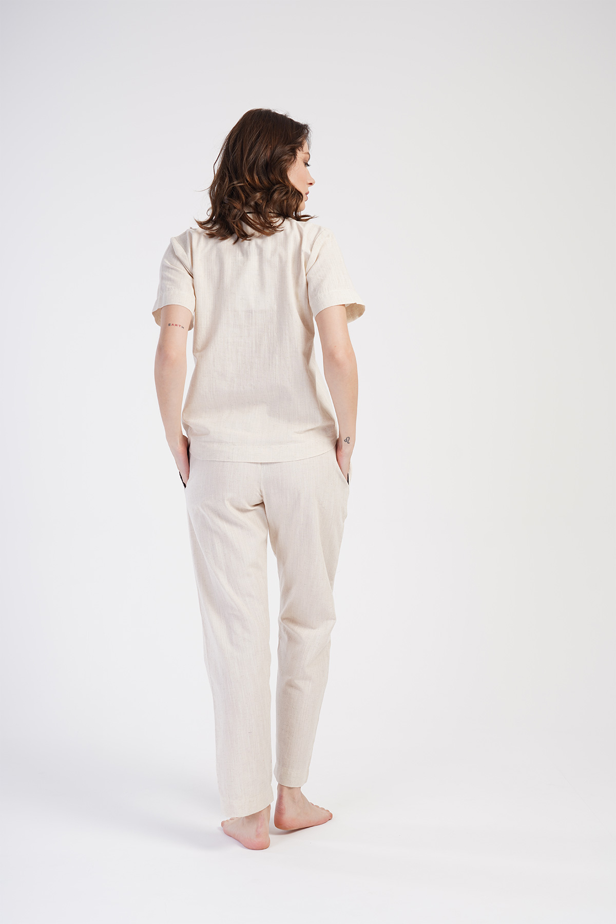 Woman Linen Shirt Collar Pyjama Set Woman Linen Shirt Collar Pyjama Set