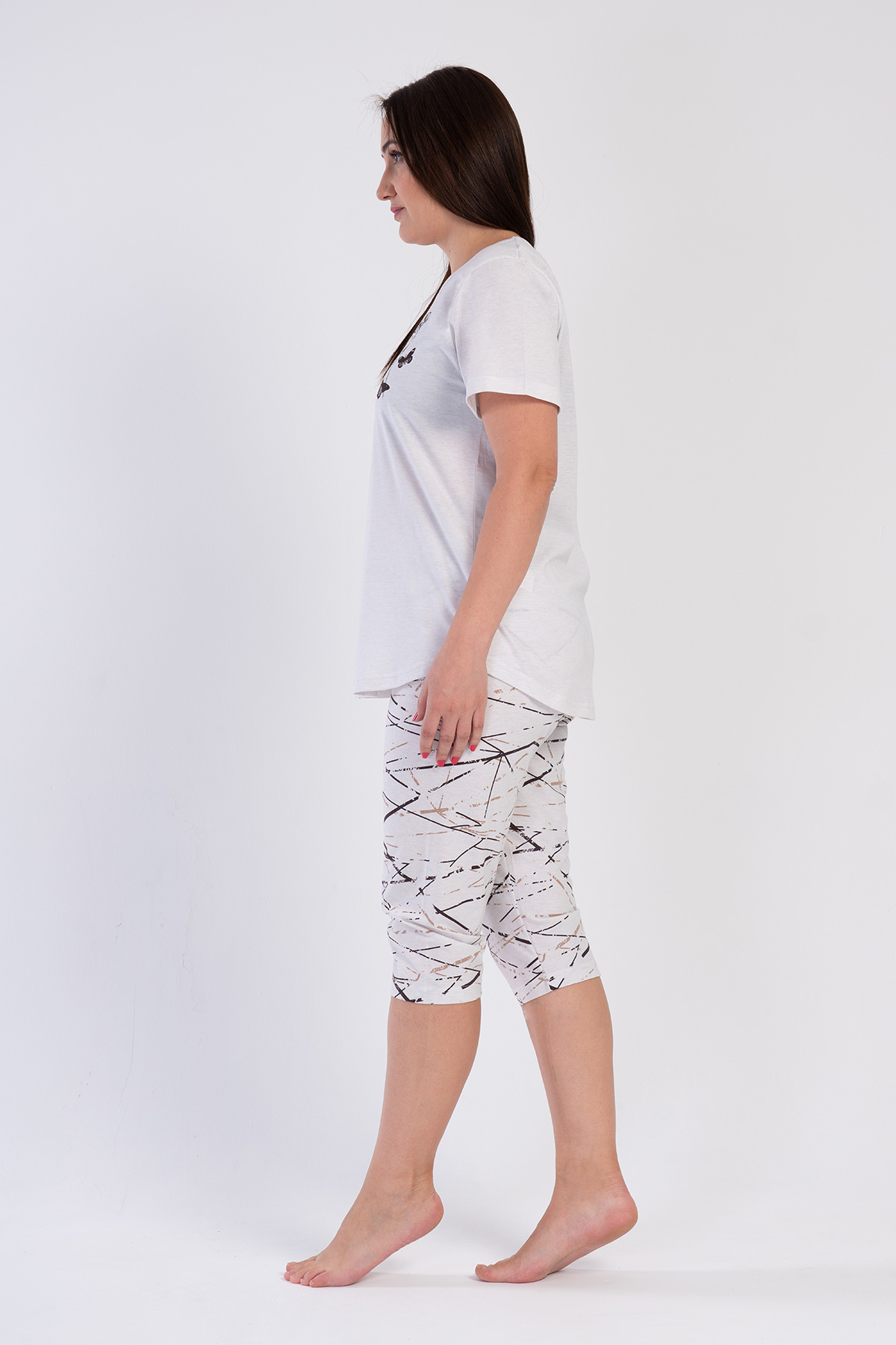 Woman Beige Big Size Supreme O Neck Short Sleeve Capri Set Woman Beige Big Size Supreme O Neck Short Sleeve Capri Set