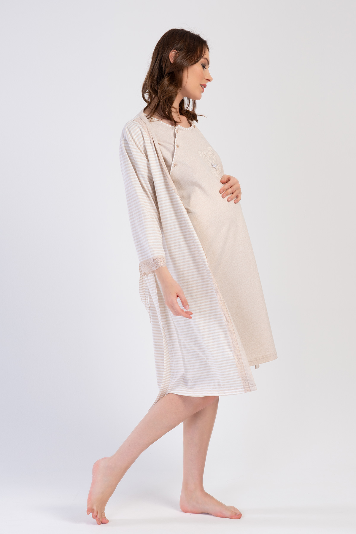 Woman Beige Supreme Buttoned Neck Tunic Dressing Gown Set Woman Beige Supreme Buttoned Neck Tunic Dressing Gown Set