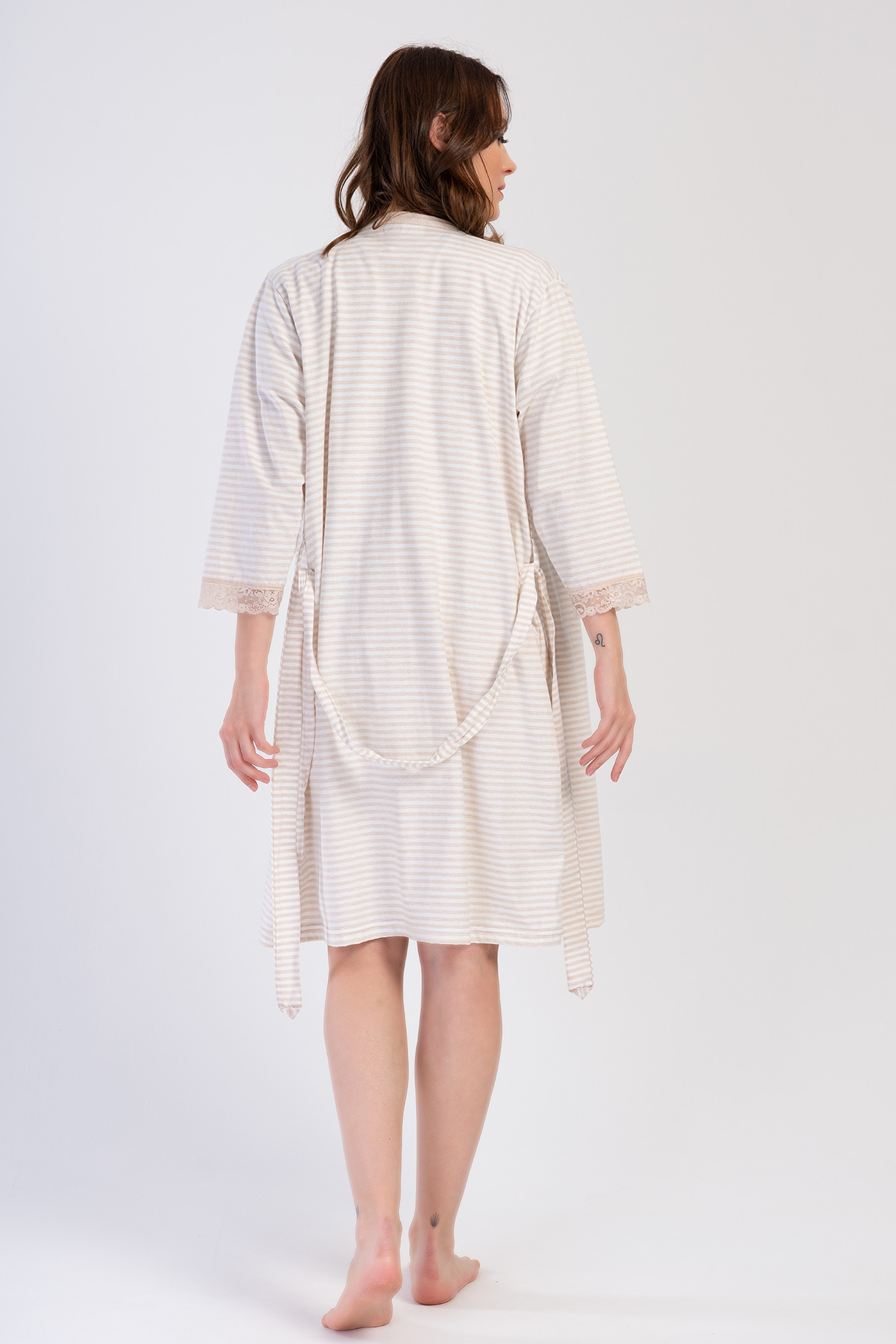 Woman Beige Supreme Buttoned Neck Tunic Dressing Gown Set Woman Beige Supreme Buttoned Neck Tunic Dressing Gown Set