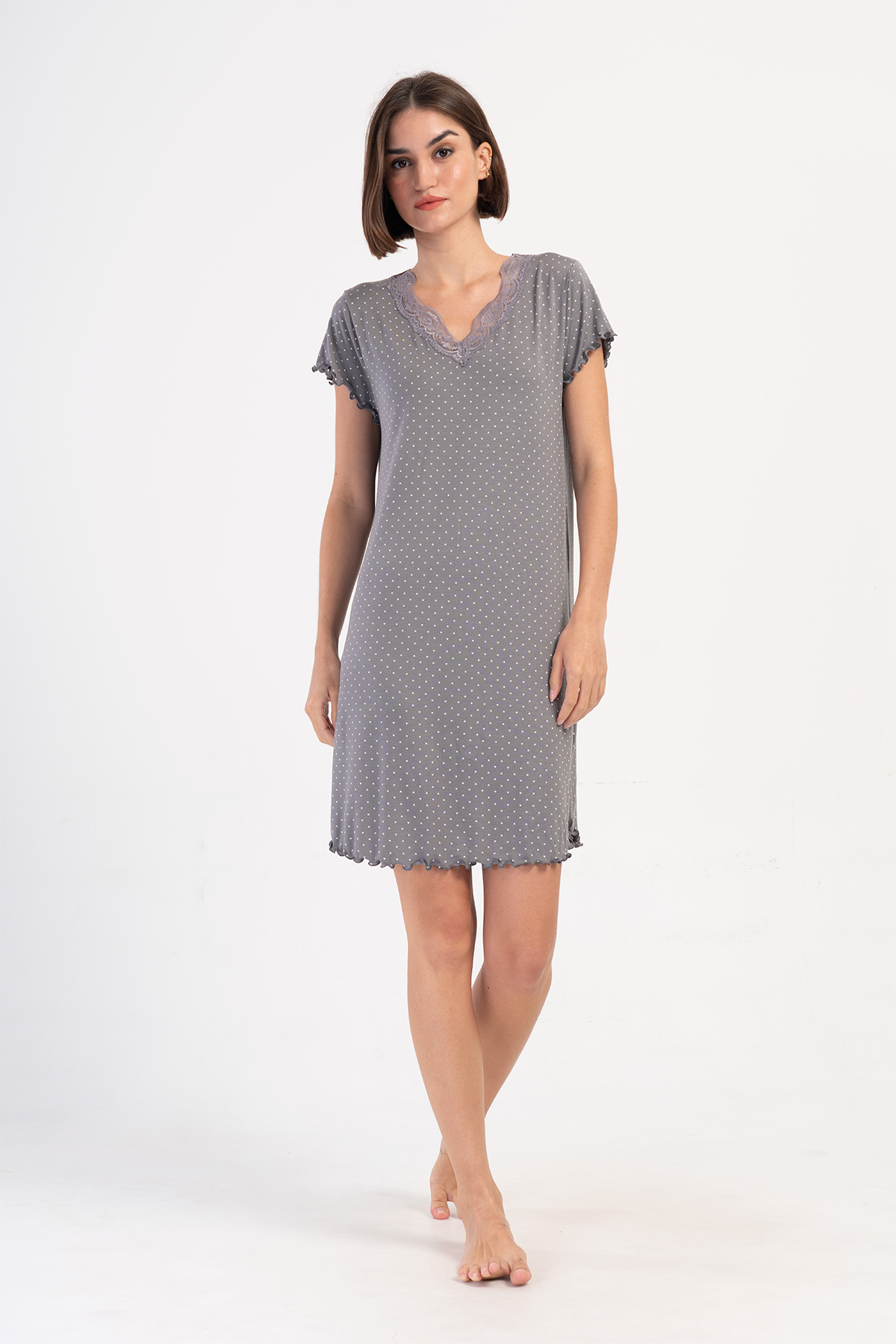 Woman Gray Viscon V Neck Short Sleeve Lace Detail Tunic Woman Gray Viscon V Neck Short Sleeve Lace Detail Tunic