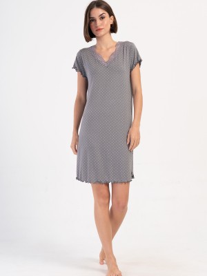 Woman Gray Viscon V Neck Short Sleeve Lace Detail Tunic Woman Gray Viscon V Neck Short Sleeve Lace Detail Tunic