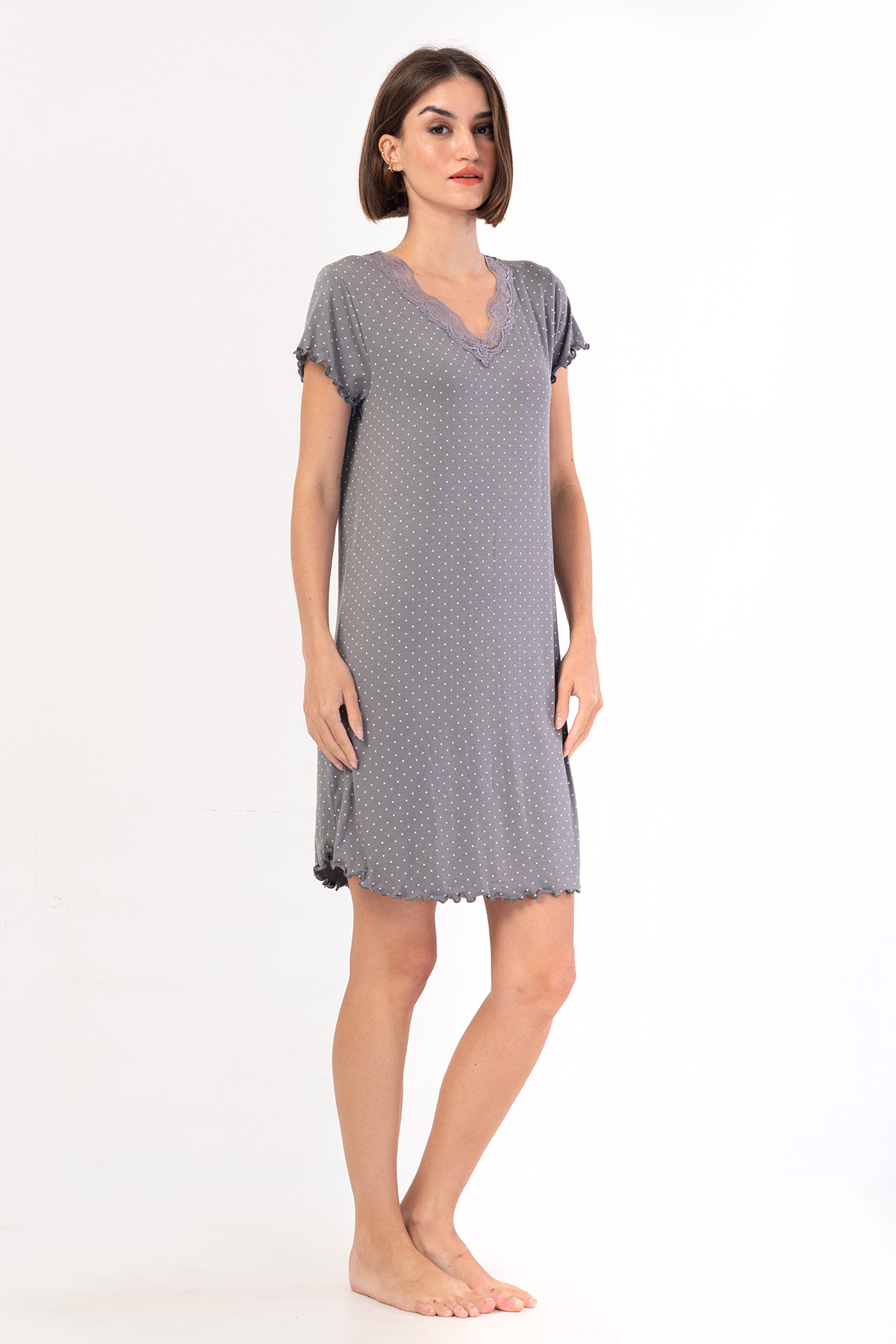 Woman Gray Viscon V Neck Short Sleeve Lace Detail Tunic Woman Gray Viscon V Neck Short Sleeve Lace Detail Tunic