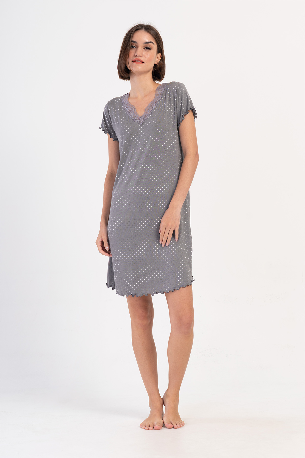 Woman Gray Viscon V Neck Short Sleeve Lace Detail Tunic Woman Gray Viscon V Neck Short Sleeve Lace Detail Tunic