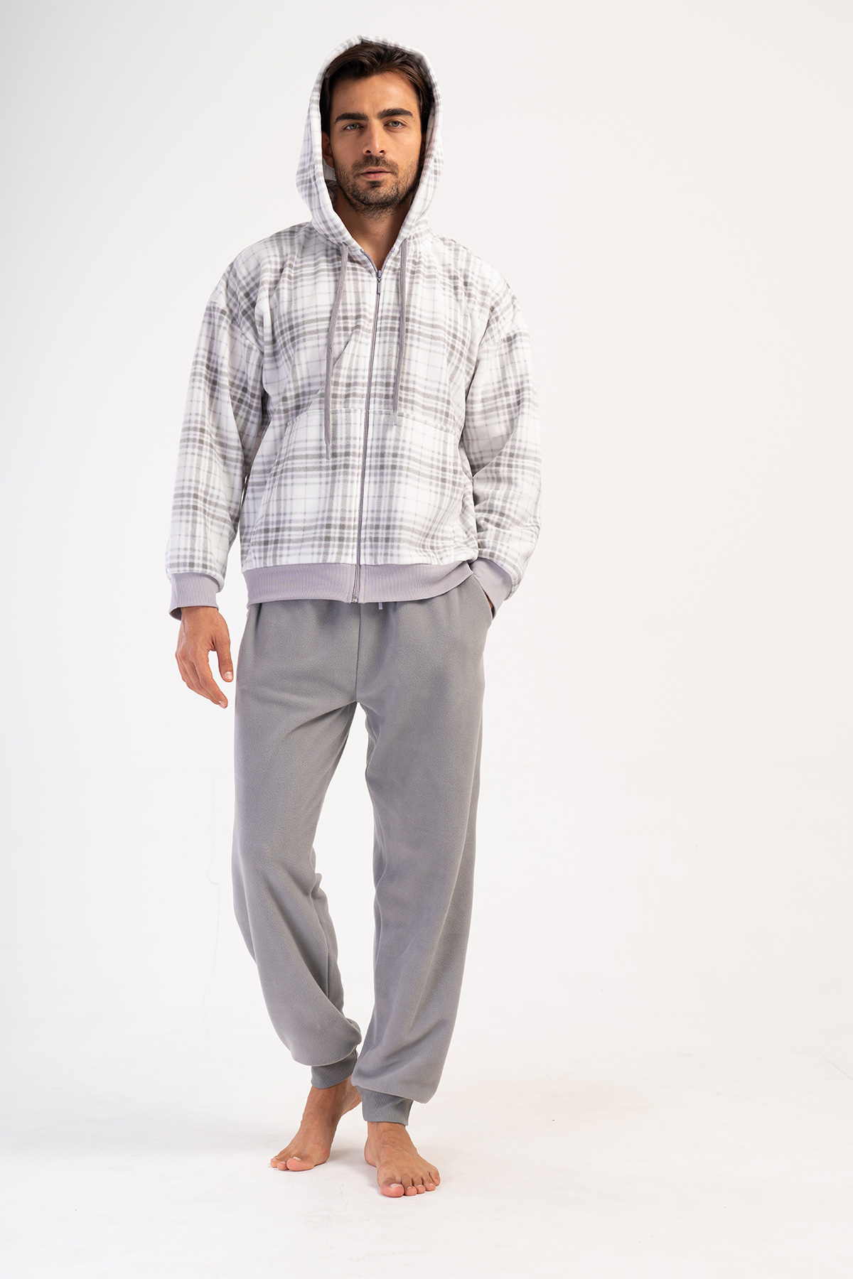 Man Gray Fleece Hoodie & Zipper Detail Pyjama Set Man Gray Fleece Hoodie & Zipper Detail Pyjama Set