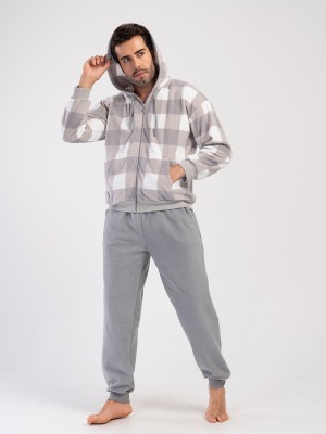 Man Gray Plaid Fleece Hoodie & Zipper Detail Pyjama Set Man Gray Plaid Fleece Hoodie & Zipper Detail Pyjama Set