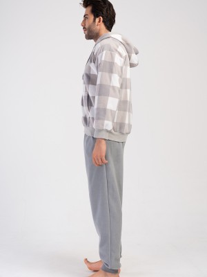 Man Gray Plaid Fleece Hoodie & Zipper Detail Pyjama Set Man Gray Plaid Fleece Hoodie & Zipper Detail Pyjama Set