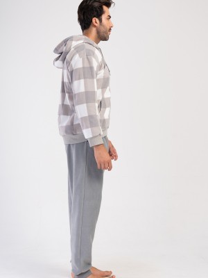 Man Gray Plaid Fleece Hoodie & Zipper Detail Pyjama Set Man Gray Plaid Fleece Hoodie & Zipper Detail Pyjama Set
