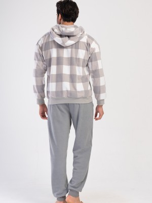 Man Gray Plaid Fleece Hoodie & Zipper Detail Pyjama Set Man Gray Plaid Fleece Hoodie & Zipper Detail Pyjama Set