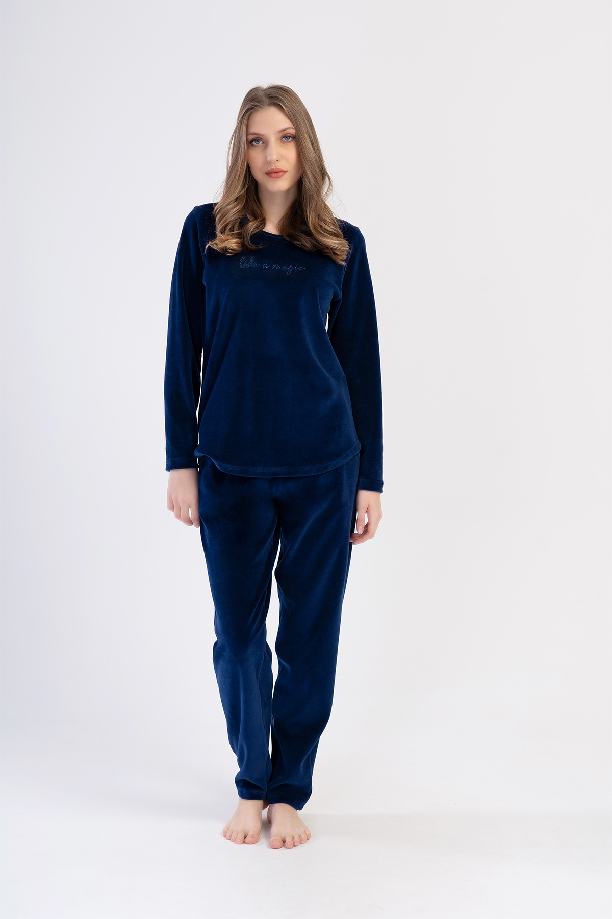 Woman Velvet Indigo Pocket Detail Pyjama Set Woman Velvet Indigo Pocket Detail Pyjama Set