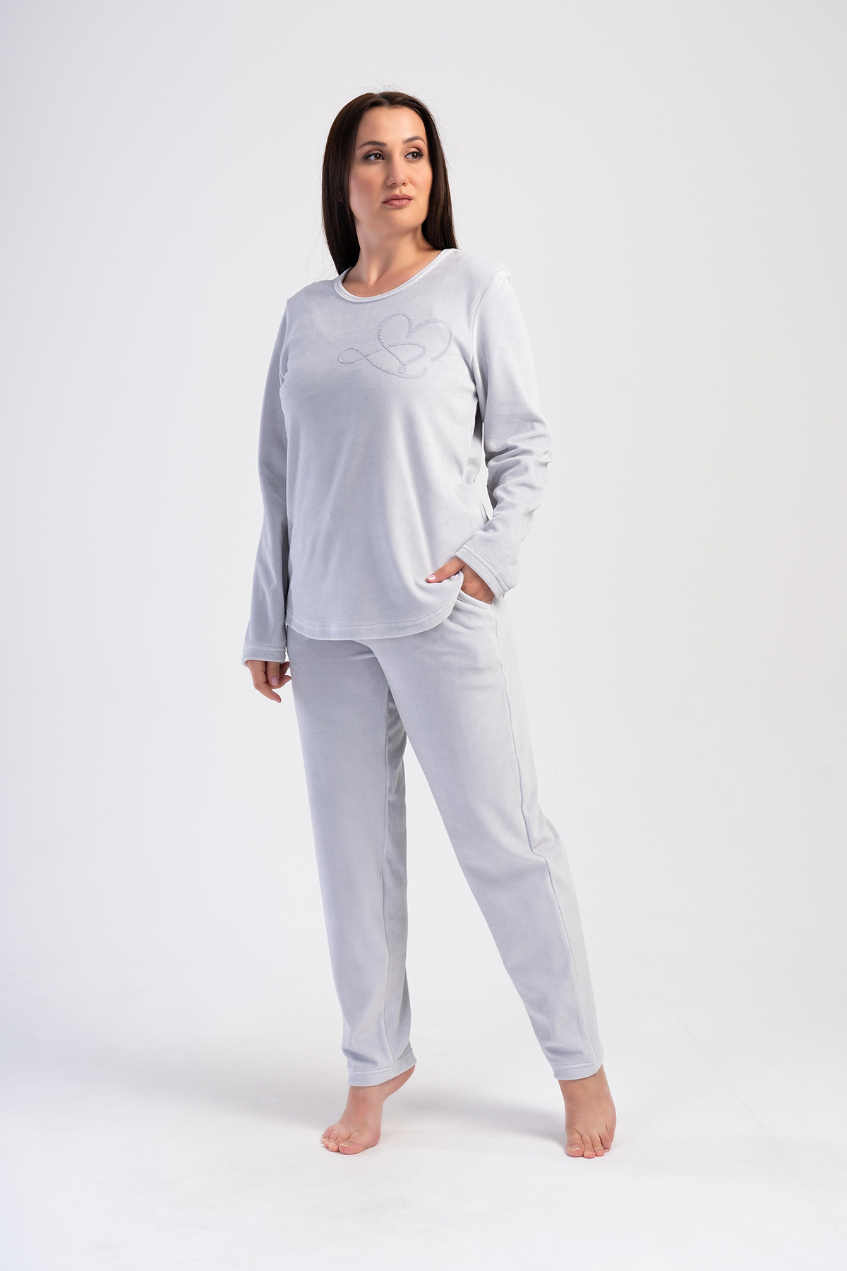 Woman Stone Velvet Big Size Pocket Detail Pyjama Set Woman Stone Velvet Big Size Pocket Detail Pyjama Set