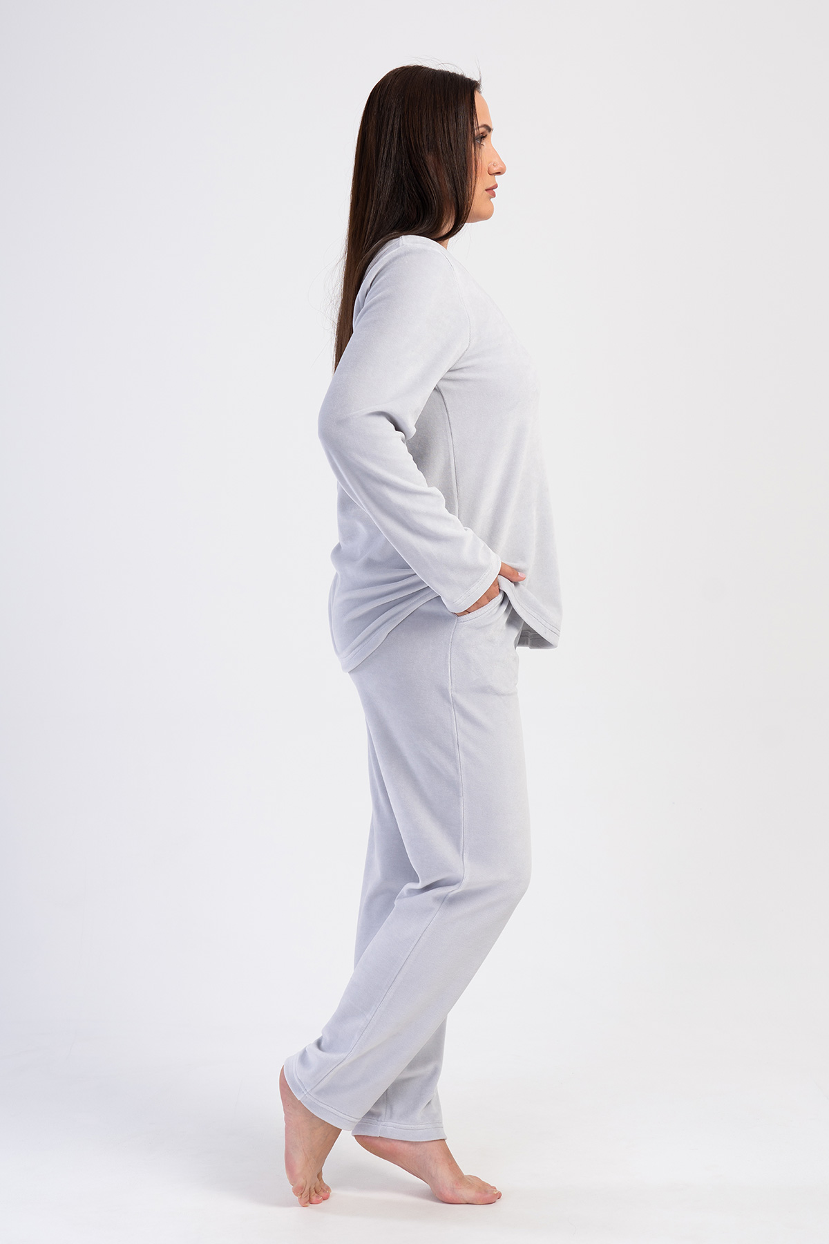 Woman Stone Velvet Big Size Pocket Detail Pyjama Set Woman Stone Velvet Big Size Pocket Detail Pyjama Set