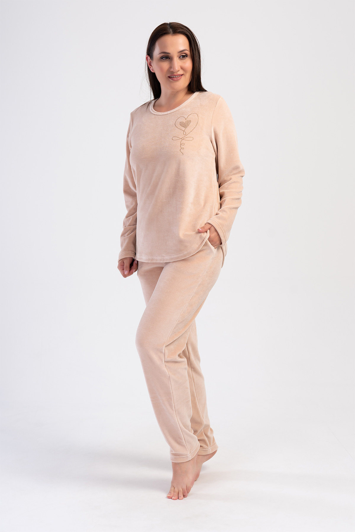 Woman Velvet Beige Pocket Detail Pyjama Set Woman Velvet Beige Pocket Detail Pyjama Set