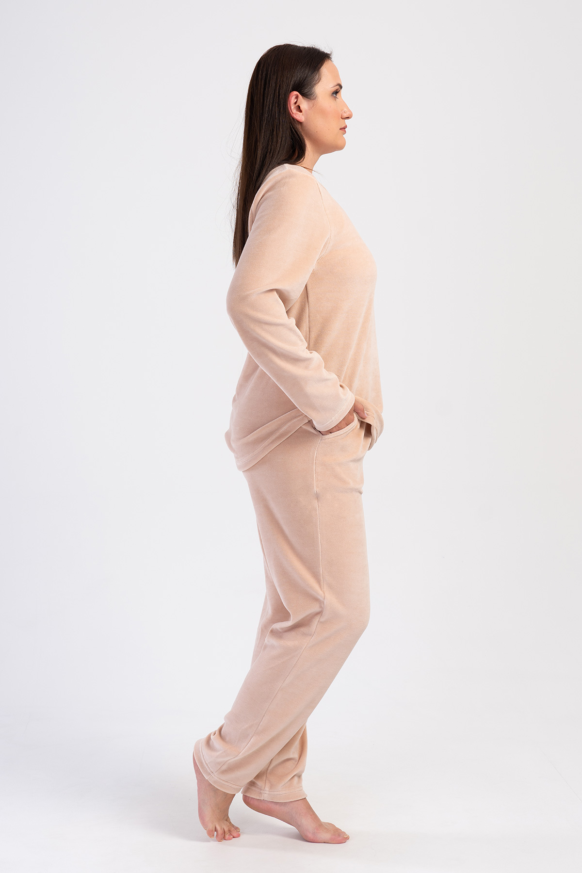 Woman Velvet Beige Pocket Detail Pyjama Set Woman Velvet Beige Pocket Detail Pyjama Set
