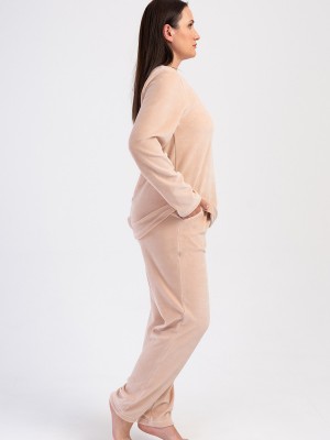 Woman Velvet Beige Pocket Detail Pyjama Set Woman Velvet Beige Pocket Detail Pyjama Set