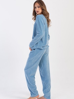 Woman Velvet Blue Pocket Detail Pyjama Set Woman Velvet Blue Pocket Detail Pyjama Set