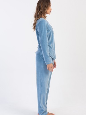 Woman Velvet Blue Pocket Detail Pyjama Set Woman Velvet Blue Pocket Detail Pyjama Set
