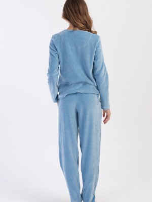 Woman Velvet Blue Pocket Detail Pyjama Set Woman Velvet Blue Pocket Detail Pyjama Set