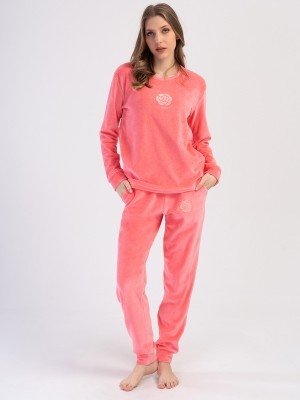 Woman Cotton Pink Velvet Pocket Detail Pyjama Set Woman Cotton Pink Velvet Pocket Detail Pyjama Set