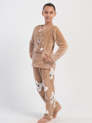 Kids' Girl Soft Beige O Neck Pocket Detail Pyjama Set Kids' Girl Soft Beige O Neck Pocket Detail Pyjama Set
