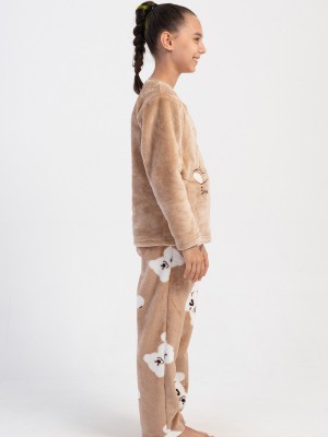 Kids' Girl Soft Beige O Neck Pocket Detail Pyjama Set Kids' Girl Soft Beige O Neck Pocket Detail Pyjama Set