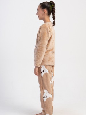 Kids' Girl Soft Beige O Neck Pocket Detail Pyjama Set Kids' Girl Soft Beige O Neck Pocket Detail Pyjama Set