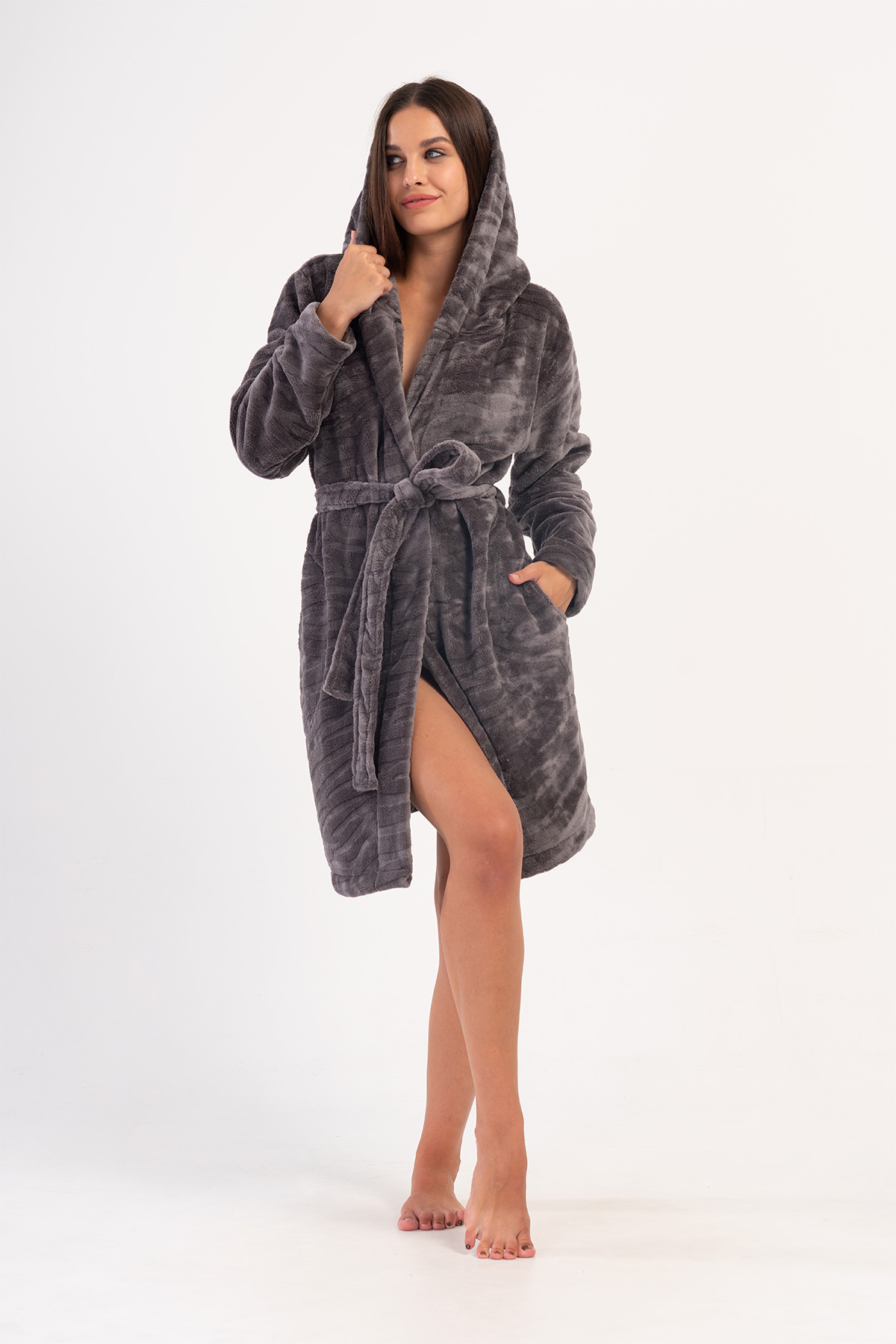 Woman Gray Ultrasoft Hoodie Pocket Detail Dressing Gown Woman Gray Ultrasoft Hoodie Pocket Detail Dressing Gown