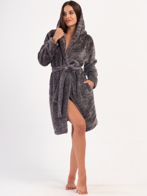 Woman Gray Ultrasoft Hoodie Pocket Detail Dressing Gown Woman Gray Ultrasoft Hoodie Pocket Detail Dressing Gown