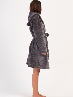 Woman Gray Ultrasoft Hoodie Pocket Detail Dressing Gown Woman Gray Ultrasoft Hoodie Pocket Detail Dressing Gown