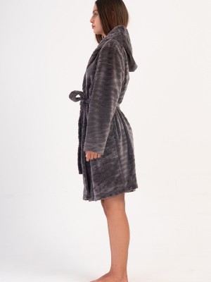 Woman Gray Ultrasoft Hoodie Pocket Detail Dressing Gown Woman Gray Ultrasoft Hoodie Pocket Detail Dressing Gown
