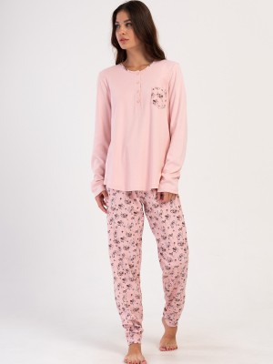 Woman Pink Interlock Buttoned O Neck Pyjama Set Woman Pink Interlock Buttoned O Neck Pyjama Set