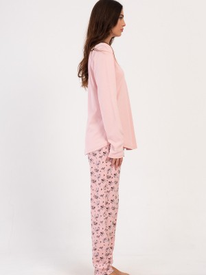 Woman Pink Interlock Buttoned O Neck Pyjama Set Woman Pink Interlock Buttoned O Neck Pyjama Set