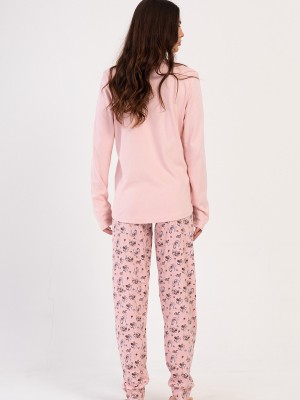 Woman Pink Interlock Buttoned O Neck Pyjama Set Woman Pink Interlock Buttoned O Neck Pyjama Set