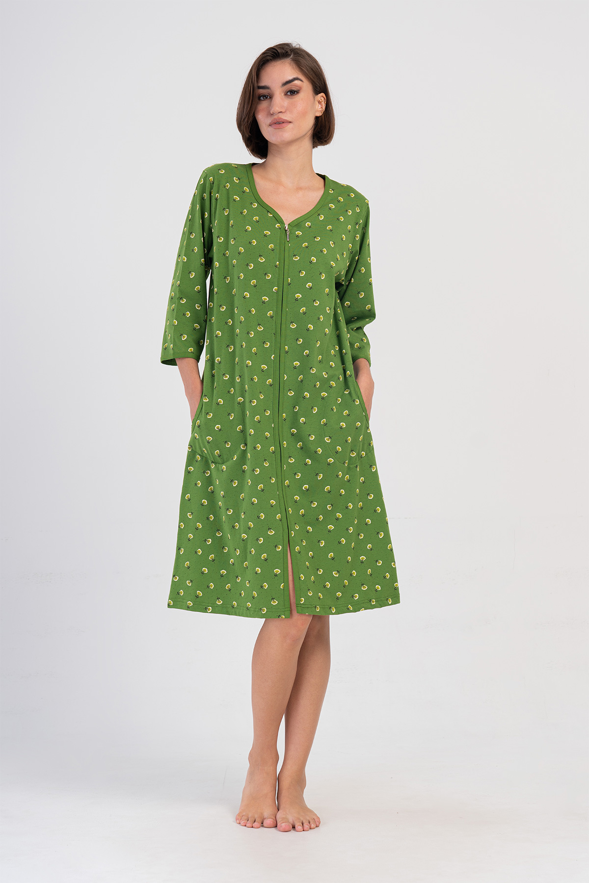 Woman Green Supreme Big Size Zipper & Pocket Detail Home Dress Woman Green Supreme Big Size Zipper & Pocket Detail Home Dress