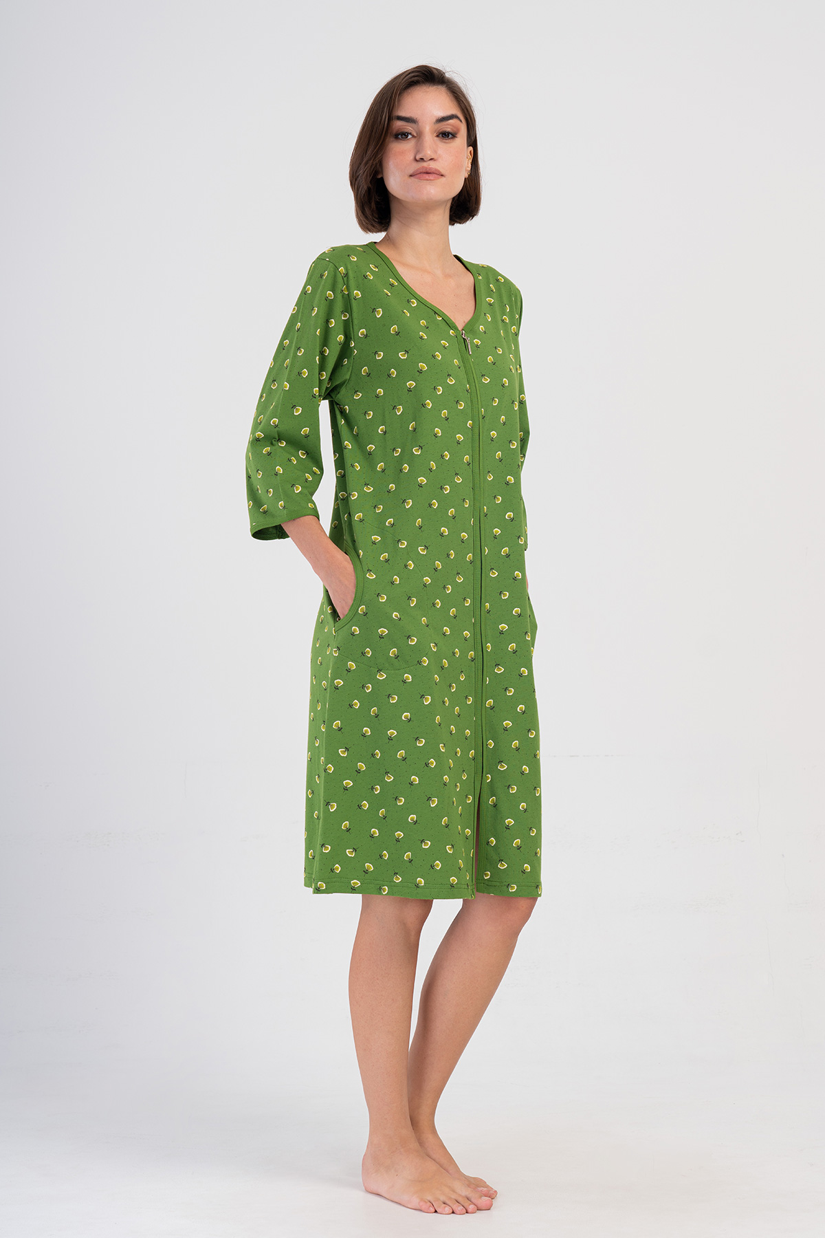 Woman Green Supreme Big Size Zipper & Pocket Detail Home Dress Woman Green Supreme Big Size Zipper & Pocket Detail Home Dress