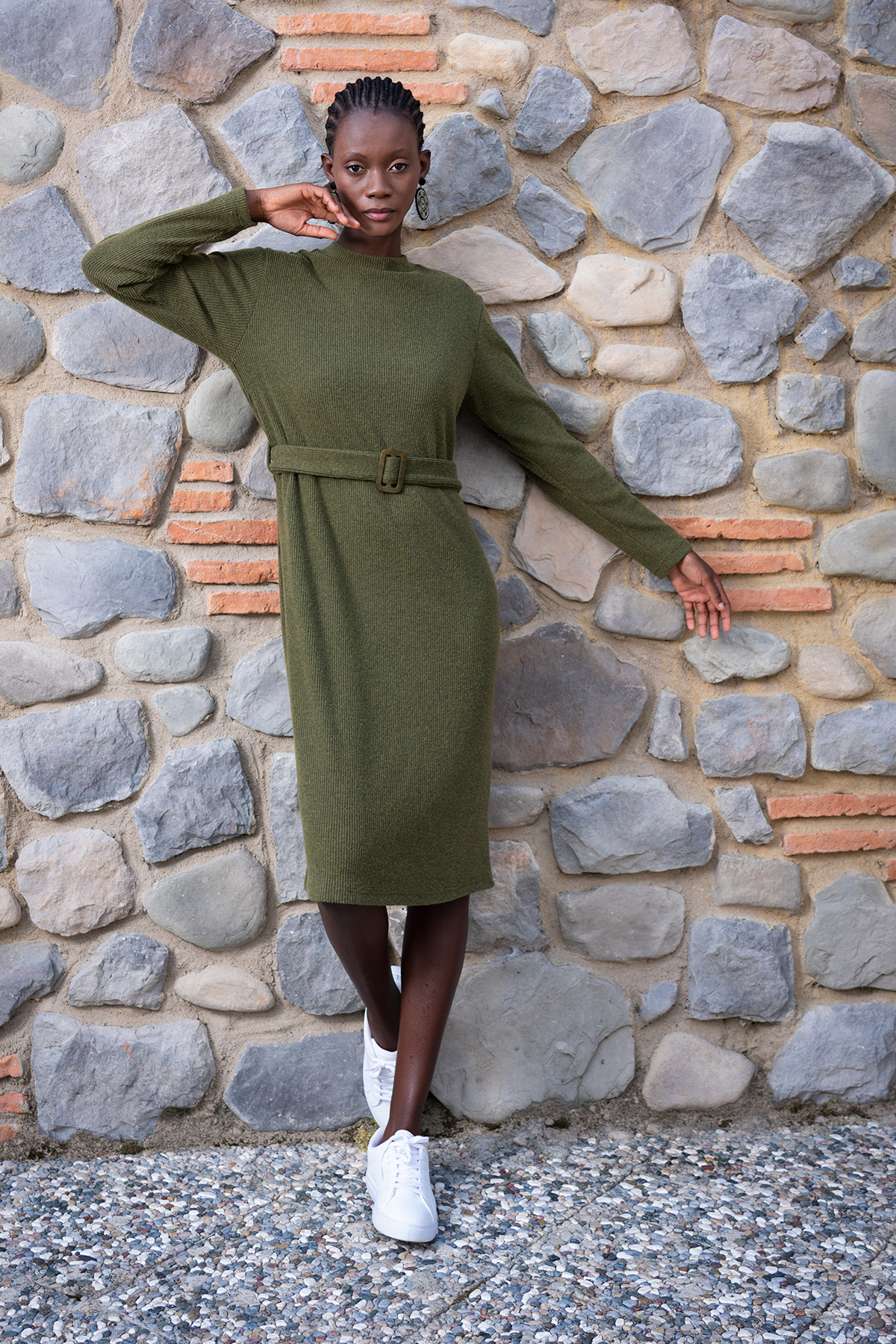 Woman Khaki Lycra Half Turtleneck Dress Woman Khaki Lycra Half Turtleneck Dress