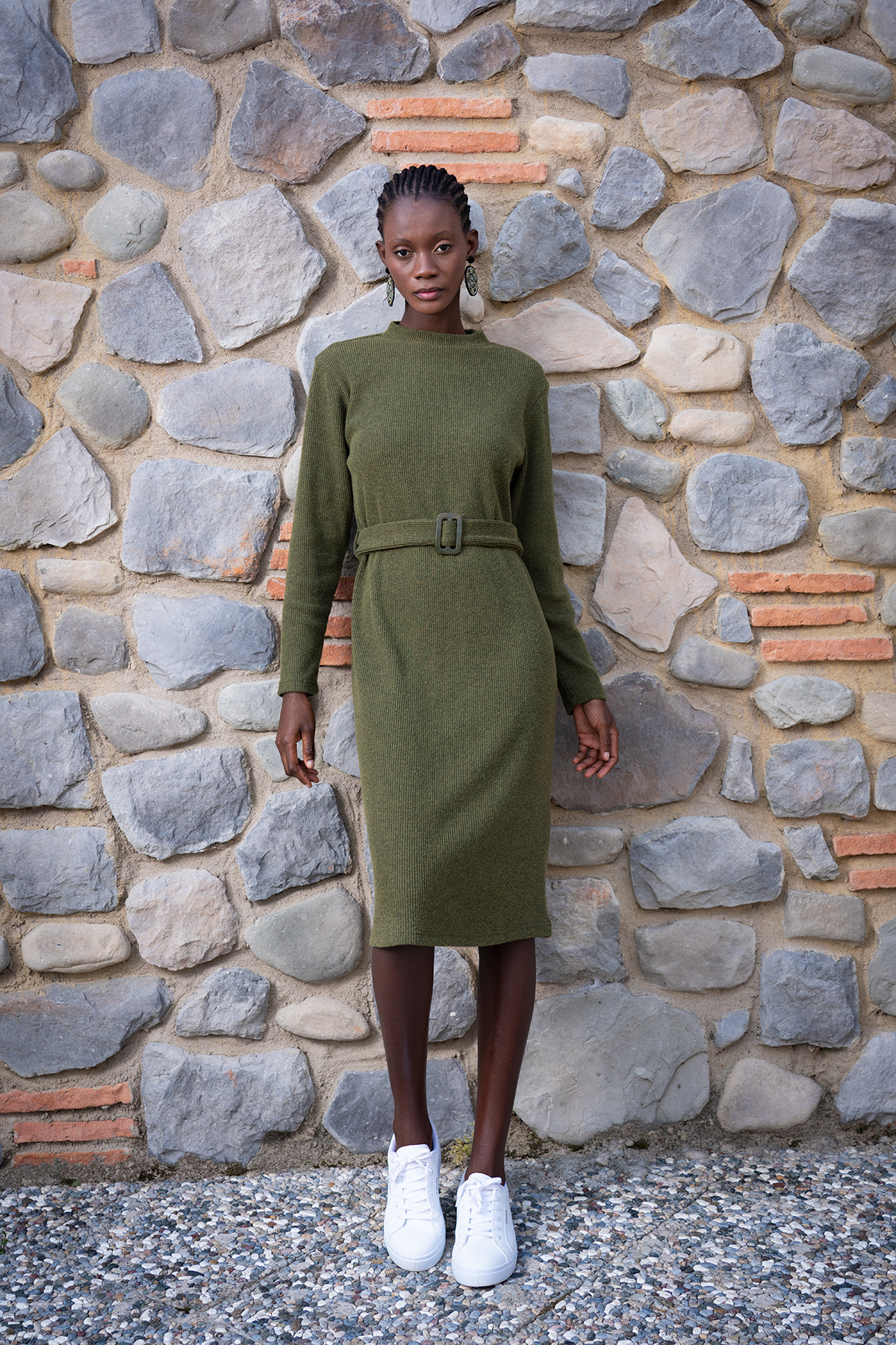 Woman Khaki Lycra Half Turtleneck Dress Woman Khaki Lycra Half Turtleneck Dress