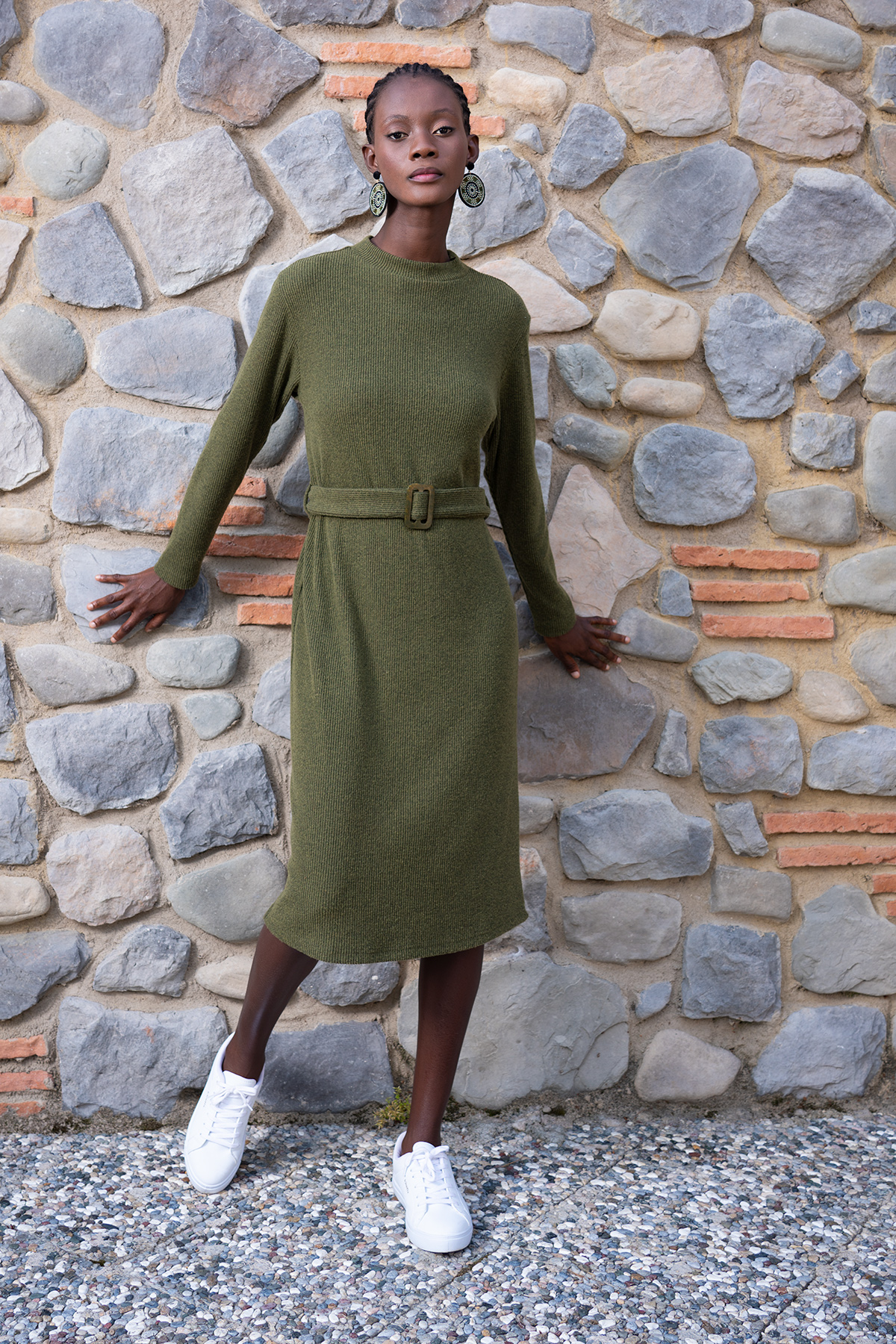 Woman Khaki Lycra Half Turtleneck Dress Woman Khaki Lycra Half Turtleneck Dress